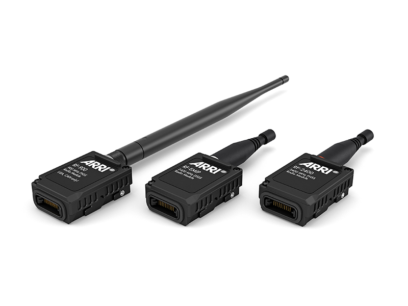 Representation of the three different interchangeable radio modules for the ARRI Hi-5 camera hand unit.